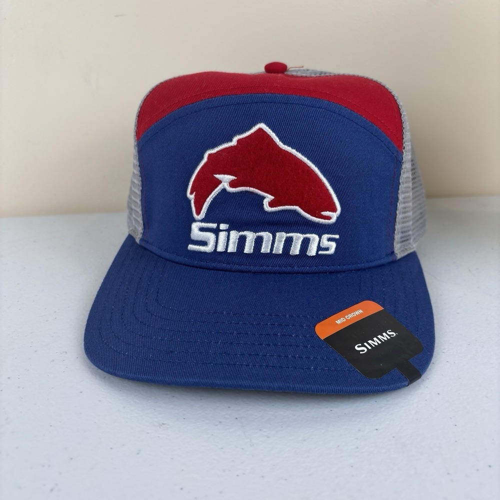 NEW Simms 7 Panel Trucker Hat Fishing Mesh Snapback Blue Red Fish Logo Cap